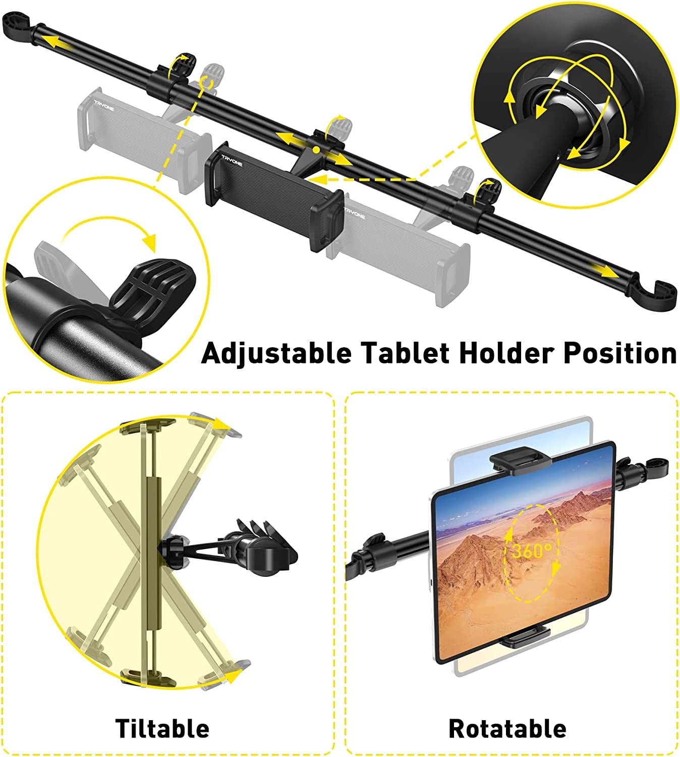 Car Tablet Holder Mount for Ipad: Headrest Tablet Stand for Car Back Seat Compatible with Ipad Pro Air Mini | Galaxy Tab | Kindle Fire HD | Switch OLED or Other 4.7-12.9" Devices