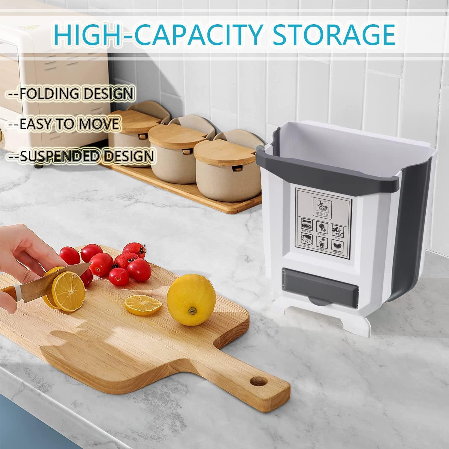 Hanging Kitchen Trash Can, Foldable Waste Bin for Kitchen, Collapsible Hang Small Plastic Garbage Can 2.4 Gallon for Cabinet/Car/Bedroom/Bathroom (White)