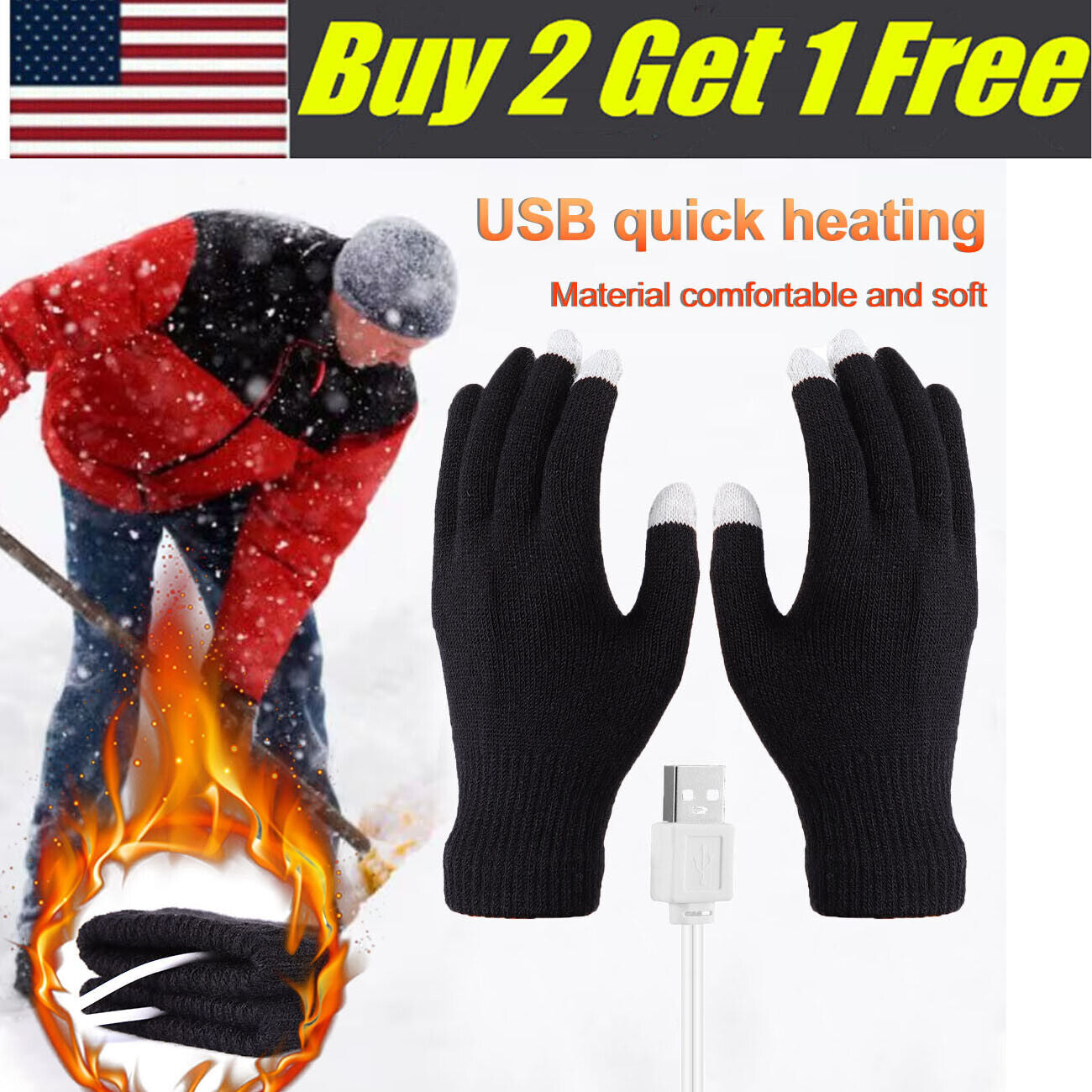 Electric Heating Gloves Winter Warm USB Rechargeable Touchscreen Hand Warmer US