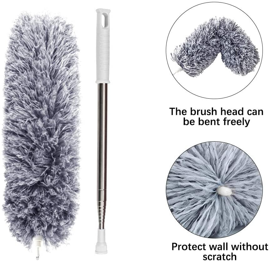 Microfiber Feather Duster Extendable Duster with 100 Inches Extra Long Pole, Bendable Head & Long Handle Dusters for Cleaning Ceiling Fan, High Ceiling, Blinds, Furniture & Cars Gray