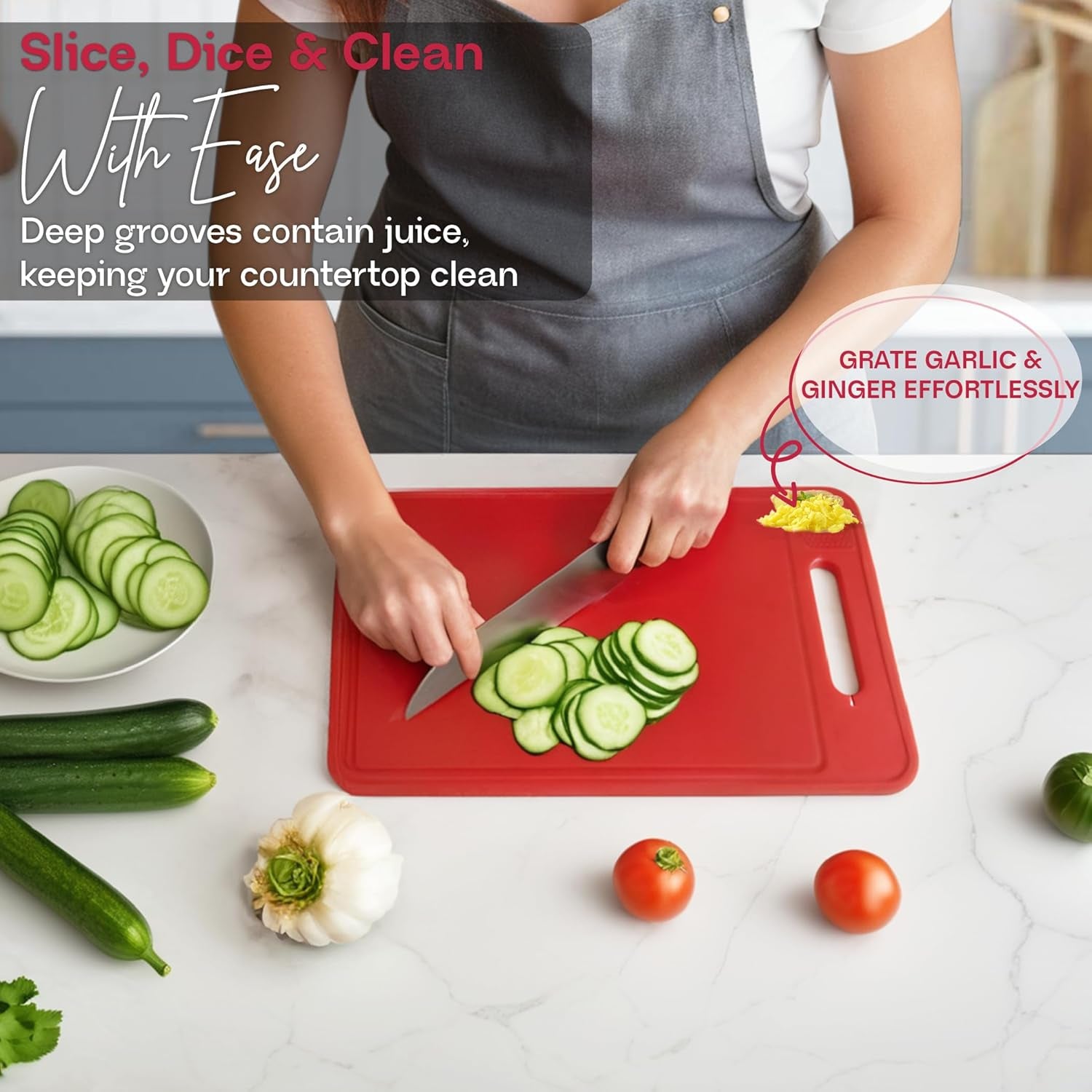 Glam 4-In-1 Defrosting Tray for Frozen Meat - Meat Thawing Tray with Built-In Knife Refiner, Garlic Grater & Cutting Board - Thawing Plate for Frozen Food - Non-Slip, Dishwasher Compatible - Red