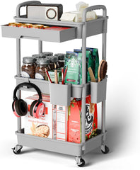 3 Tier Rolling Cart Organizer,Laundry Room Bathroom Organizers and Storage Office Shelves Mobile Shelving Unit Kitchen Trolley Cart with Wheels for Art,Craft,Diaper,Bedside,Snack(Grey)