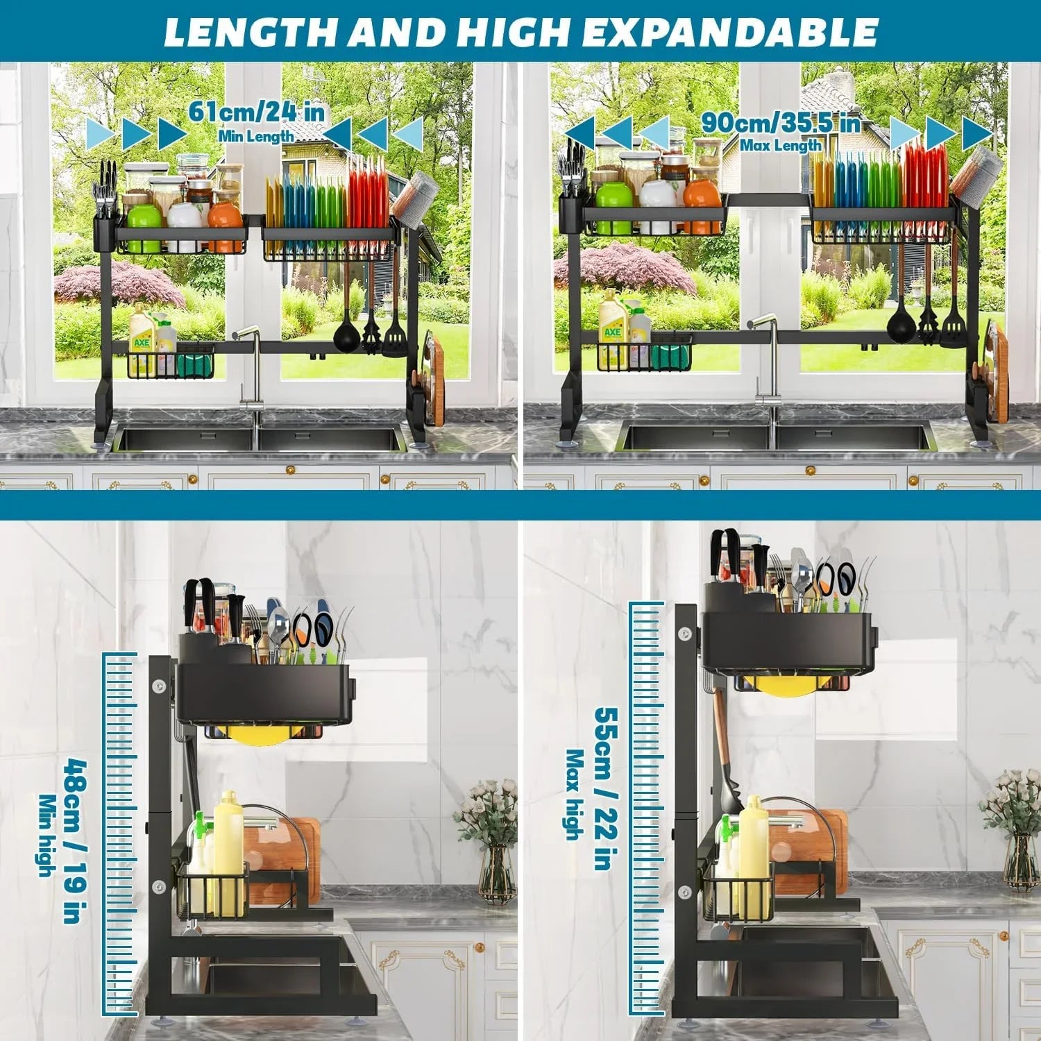 Fit Sink 24.5"- 35.5" L over Sink Dish Drying Rack (Expandable Dimension) Snap-On Design 2 Tier Large Kitchen Dish Rack Stainless Steel Counter Organization and Storage