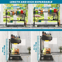 Fit Sink 24.5"- 35.5" L over Sink Dish Drying Rack (Expandable Dimension) Snap-On Design 2 Tier Large Kitchen Dish Rack Stainless Steel Counter Organization and Storage