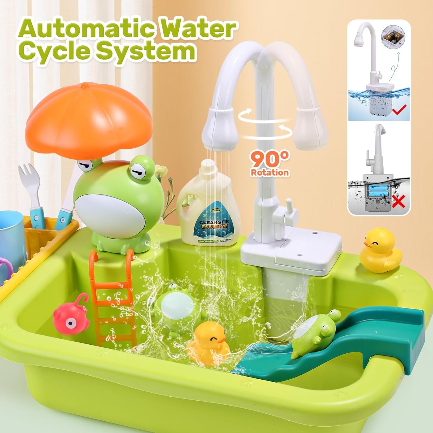 Play Sink with Running Water, Kitchen Sink Toys with Upgraded Electric Faucet, Play Kitchen Toy Accessories, Pool Floating Fishing Toys for Water Play, Kids Role Play Dishwasher Toy