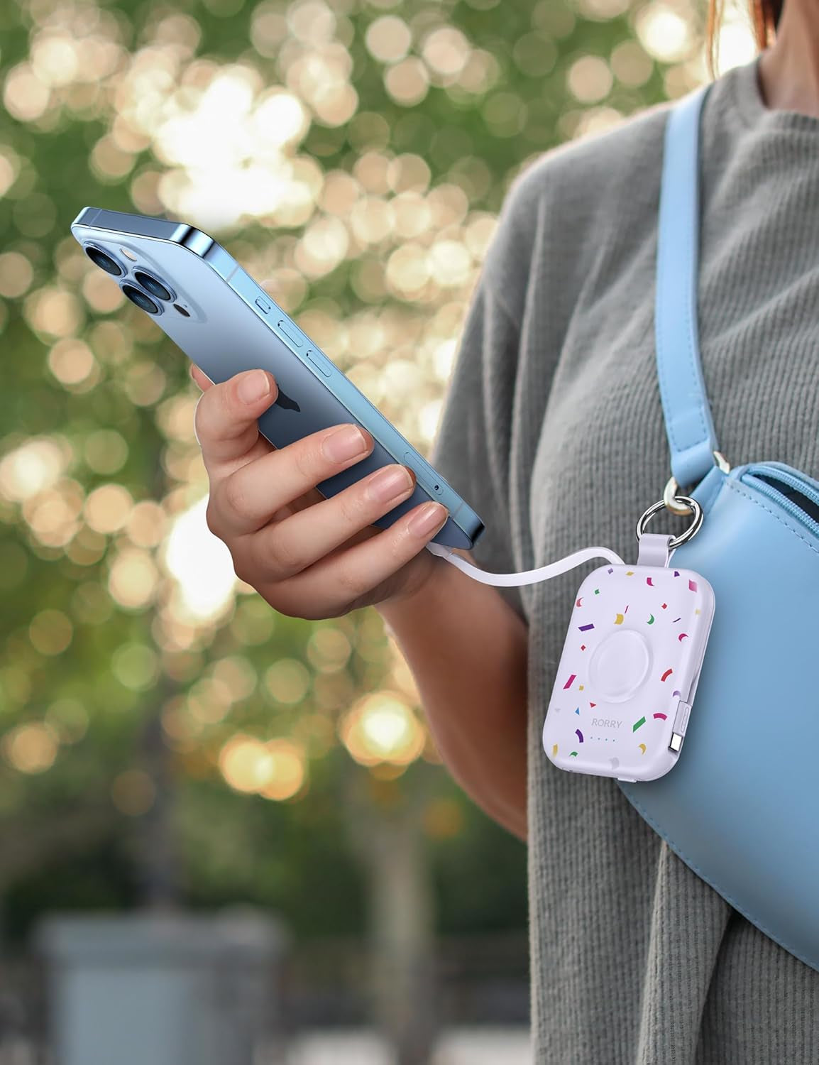 Glam 3-in-1 Portable Charger, 5000Mah Portable Charger Power Bank with Built-In Cables, Travel Keychain Battery Pack for Apple Watch Ultra/11/10/9/8/7/6/Se, Iphone Air/17/16/15/14/13/12, Confetti-Purple