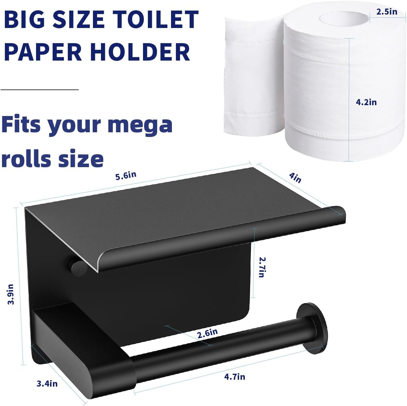 Toilet Paper Holder Wall Mount, Fits Mega Rolls Size Matte Black Toilet Paper Holder with Shelf, Rustproof Stainless Steel Self Adhesive Toilet Paper Holder, Black Bathroom Toilet Paper Holder