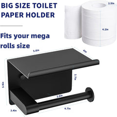 Toilet Paper Holder Wall Mount, Fits Mega Rolls Size Matte Black Toilet Paper Holder with Shelf, Rustproof Stainless Steel Self Adhesive Toilet Paper Holder, Black Bathroom Toilet Paper Holder
