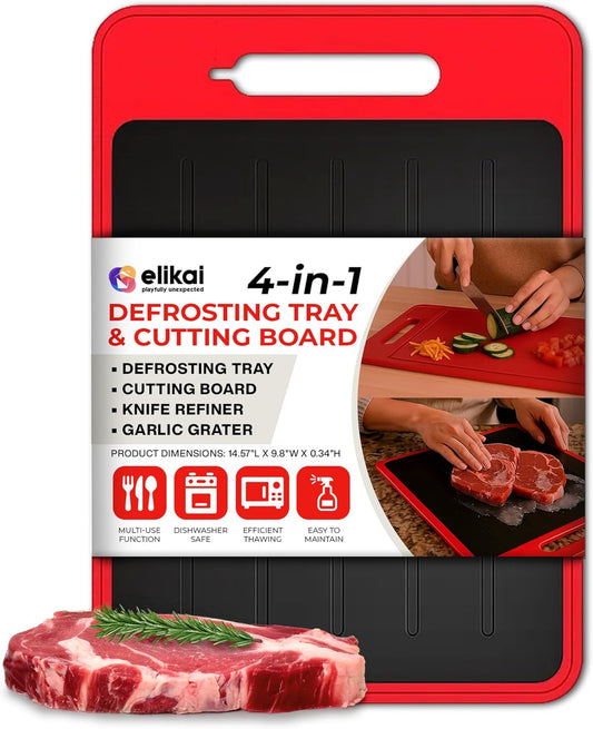 Glam 4-In-1 Defrosting Tray for Frozen Meat - Meat Thawing Tray with Built-In Knife Refiner, Garlic Grater & Cutting Board - Thawing Plate for Frozen Food - Non-Slip, Dishwasher Compatible - Red