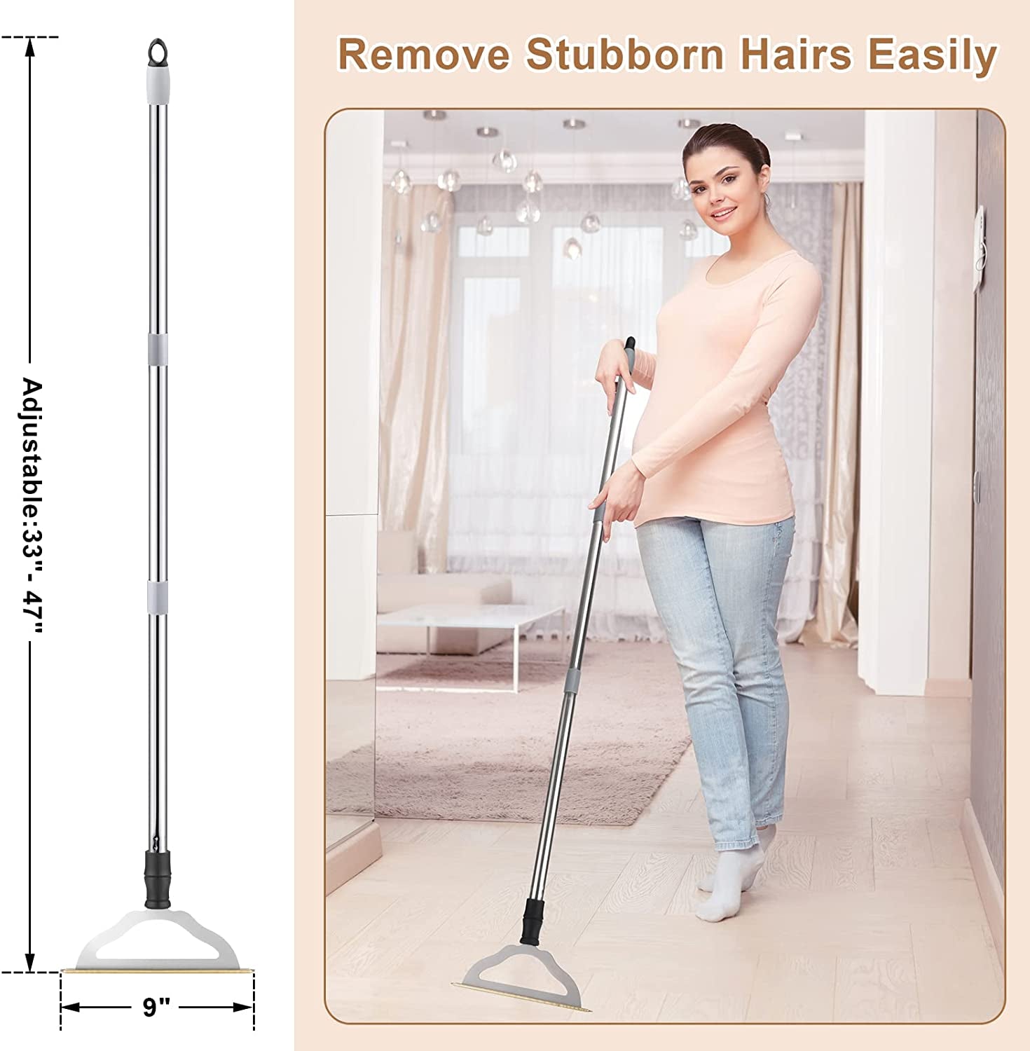 47“ Adjustable Long Handle Carpet Rake Pet Hair Remover, Reusable Large Metal Lint Remover Brush for Embedded Fur Removal from Low Pile Rugs Stairs, Carpet Brush Scraper Dog Cat Hair Remover Broom