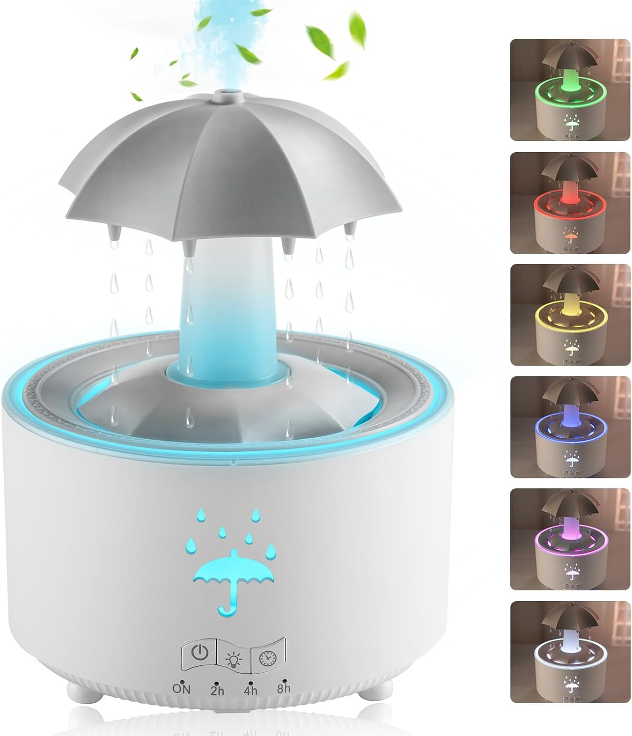 Rain Umbrella Humidifier & Aroma Diffuser with Soothing Rain Sounds, Water Drip Effect, 7 Colors Mood Light, Timer and Auto-Off, Ideal for Relaxation, Sleep, Home, Bedroom, Desk(White)