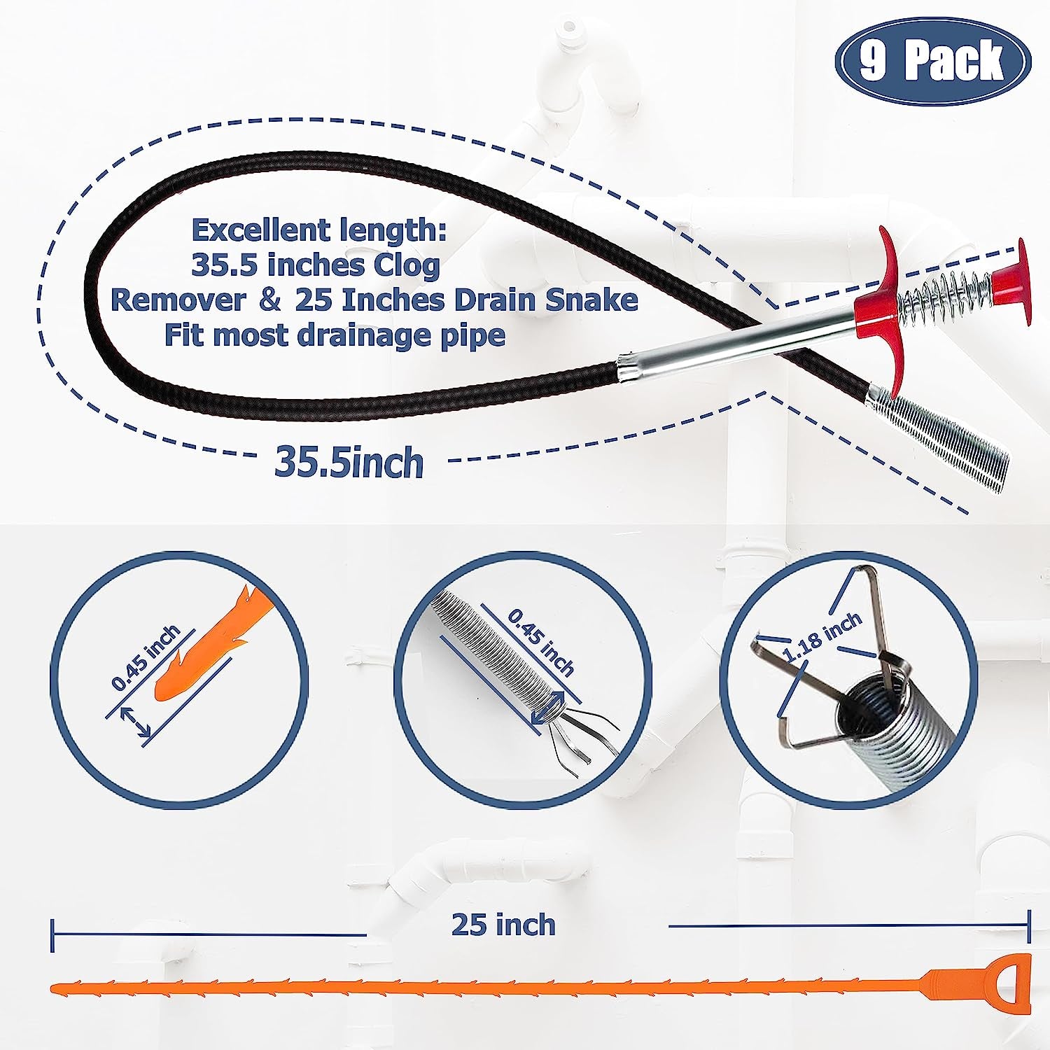 35.5Inch Drain Clog Remover(1Pcs), 25Inch Drain Snake Hair Remover(6Pcs) & Cleaning Brush(2Pcs), Hair Catcher Drain Auger Cleaner Tool Set for Toilet, Kitchen Sink, Bathroom Tub, Sewer, 9 Pack