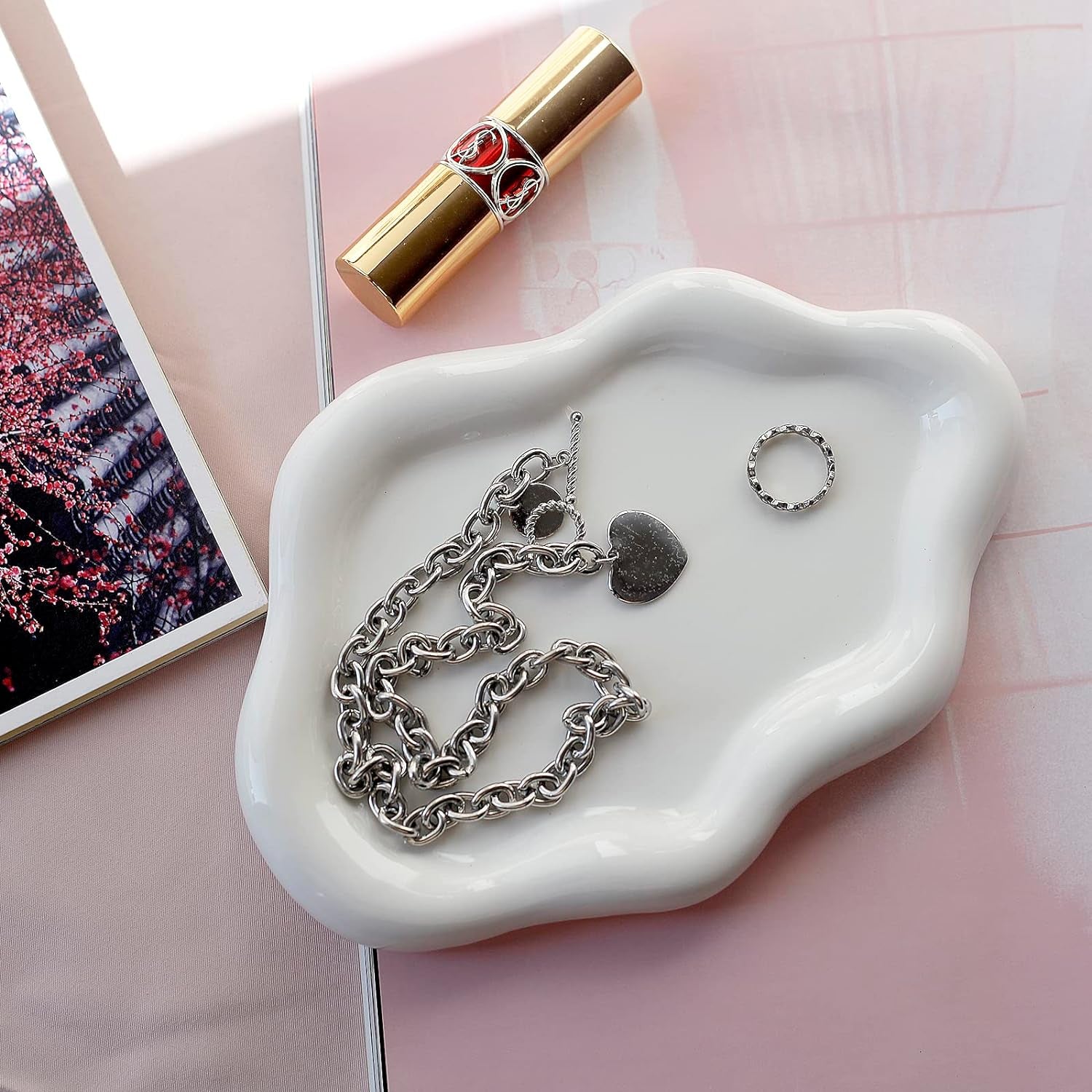 Jewelry Dish Trinket Tray for Women, Ring Dish Holder, Unique Cloud Shape Ceramic Plate Cute Things Vanity Aesthetic Room Decor Mother'S Day Birthday Christmas Warm House Gifts (White)