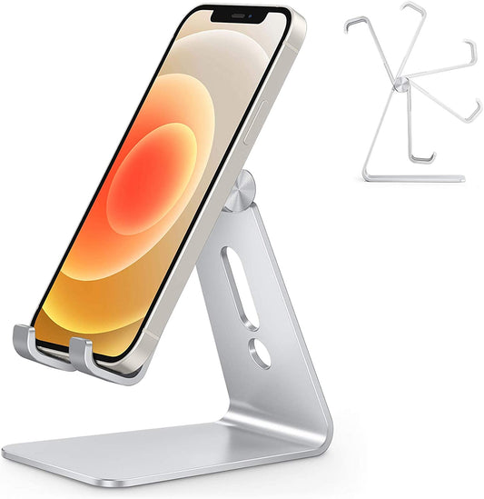 Adjustable Cell Phone Stand, Aluminum Desktop Cellphone Stand with Anti-Slip Base and Convenient Charging Port, Fits All Smart Phones, Silver