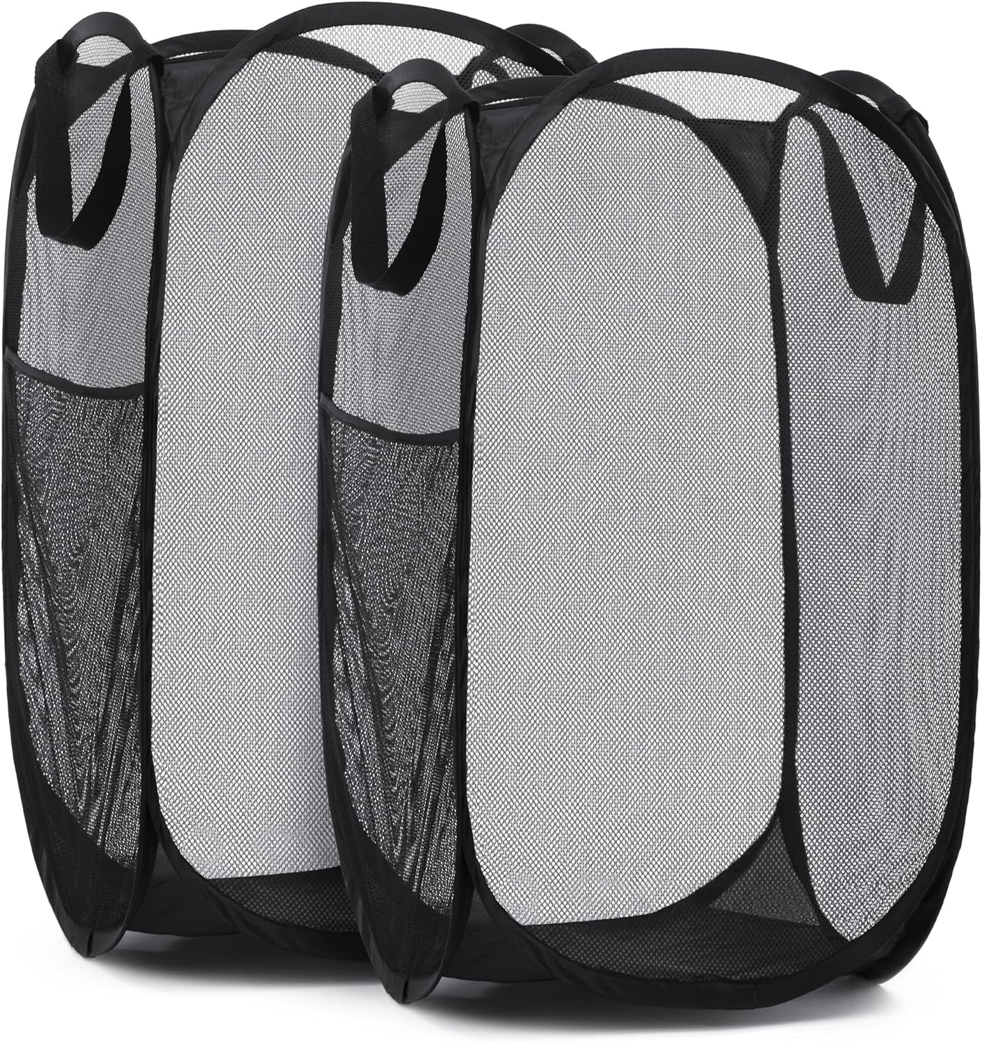 Collapsible Mesh Pop up Hamper with Wide Opening and Side Pocket – Breathable, Sturdy, Foldable, and Space-Saving Design for Clothes and Storage. (Black | 2-Pack)