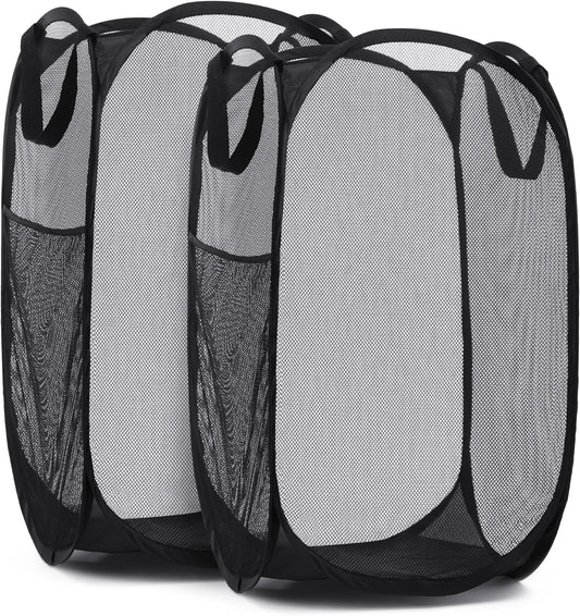Collapsible Mesh Pop up Hamper with Wide Opening and Side Pocket – Breathable, Sturdy, Foldable, and Space-Saving Design for Clothes and Storage. (Black | 2-Pack)