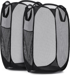 Collapsible Mesh Pop up Hamper with Wide Opening and Side Pocket – Breathable, Sturdy, Foldable, and Space-Saving Design for Clothes and Storage. (Black | 2-Pack)