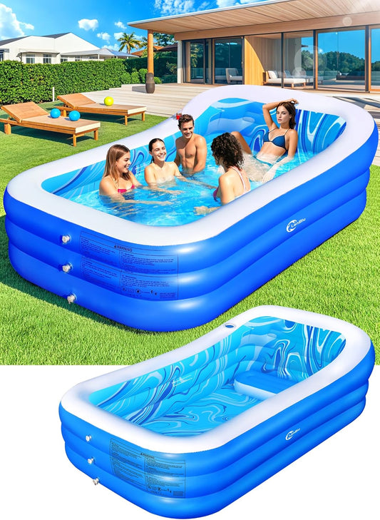 Inflatable Pool with Big Backrest and Seat,Oversized Thickened Large Blow up Pool for Adults,Inflatable Backyard Pools for Kid and Adult,105"X65"X25"Durable Swimming Pools (Blue)