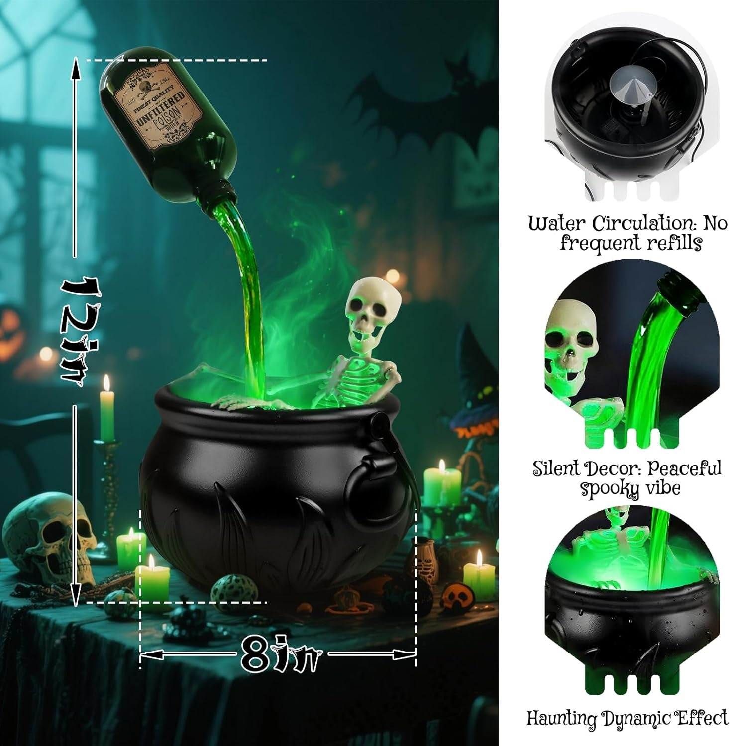 Glam Halloween Decorations Indoor, Cauldron Halloween Decor Set with Magic Floating Potion Bottles Skeleton Mist Maker, Black Witches Cauldron Diffuser for Home Kitchen Mantel Party Decor