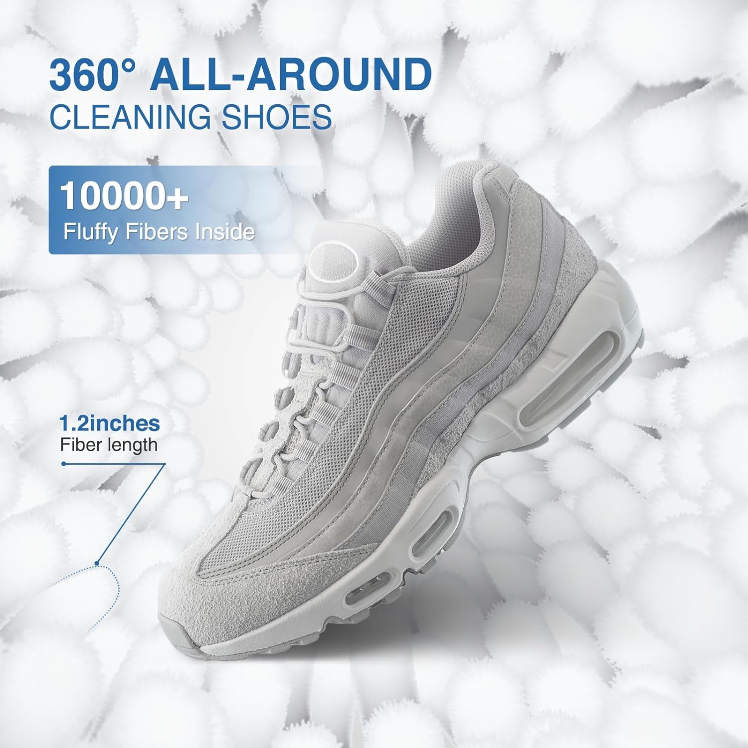 Shoe Washing Bag for Washing Machine, Fluffy Fibers Keep 360° Wrap-Around Cleaning, 2 Pairs Adjustable Shoe Trees, Durable Hidden Zipper Reusable Shoe Laundry Bag for Sneaker Gym Shoes White