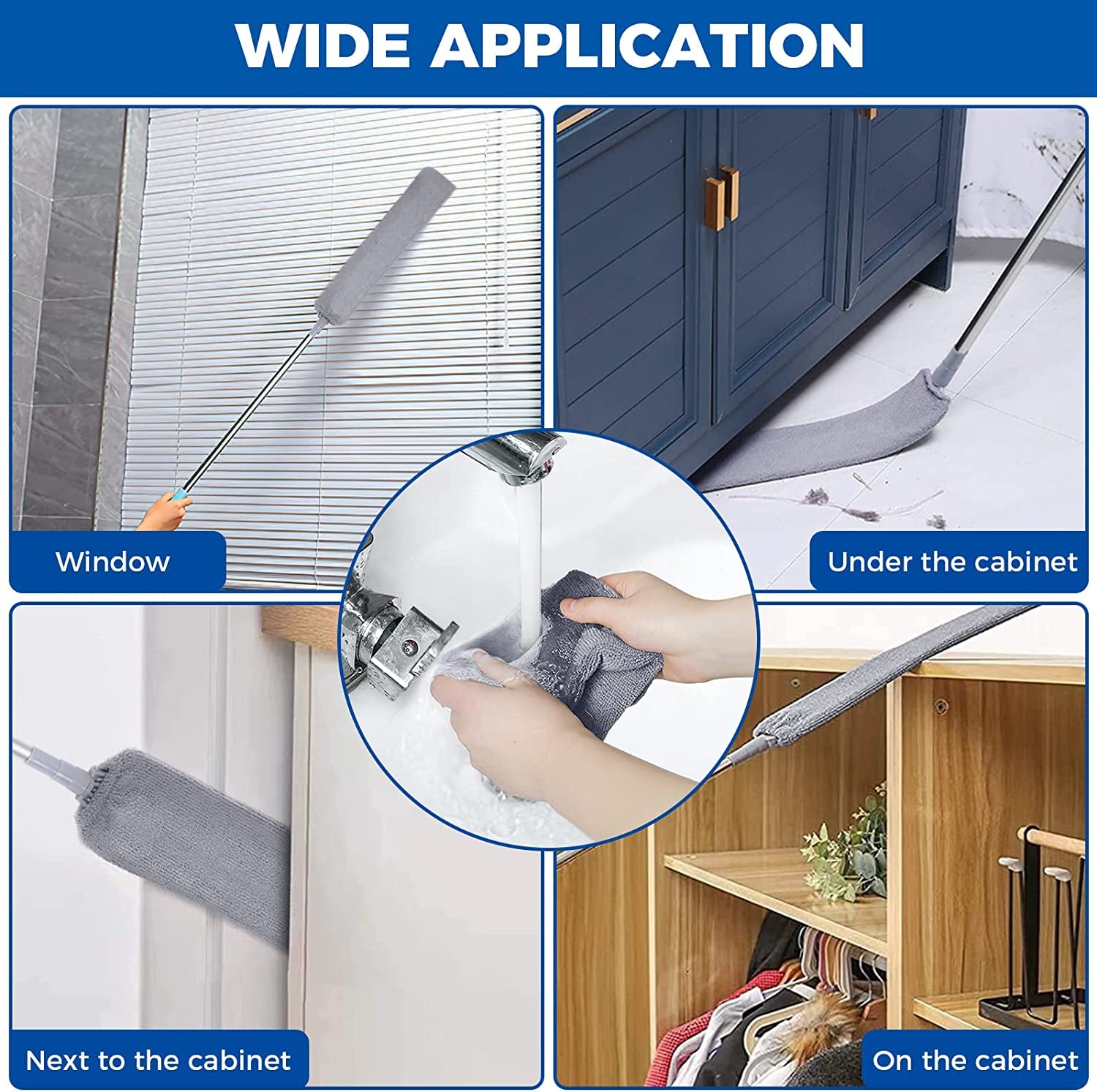 Retractable Gap Dust Cleaner Cleaning Tools with 2 Microfiber Dusting Cloths Long Handle 60Inches Washable and Retractable Duster Brush for Cleaning under Appliances Furniture Couch Fridge