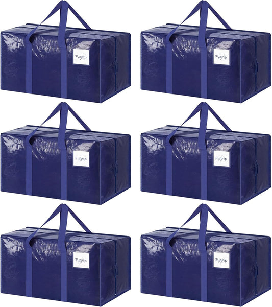 6 Pack Extra Heavy Duty Large Moving Bags with Strong Zipper & Comfortable Handles, Sturdy & Durable Clothes Storage Bags Totes Bins, Blue Packing Bags Moving Boxes College Moving Supplies, Dark Blue