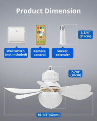 Screw in Ceiling Fan in Light Socket with Remote Control, Mini E26 Plug in Light Bulb Small Fan Fixtures Combo for Bathroom Bedroom Patio, Dimmable Warm Natural Cool White, 16.5 Inch