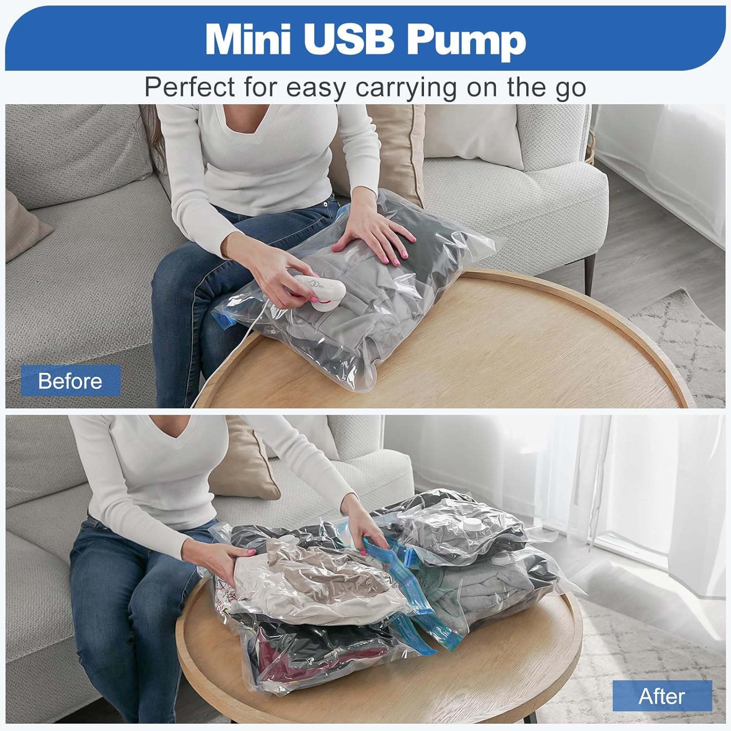 Travel Vacuum Storage Bags with Electric Pump (USB Pump + 8 Combo Bags)