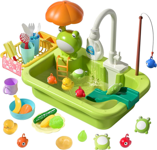 Play Sink with Running Water, Kitchen Sink Toys with Upgraded Electric Faucet, Play Kitchen Toy Accessories, Pool Floating Fishing Toys for Water Play, Kids Role Play Dishwasher Toy