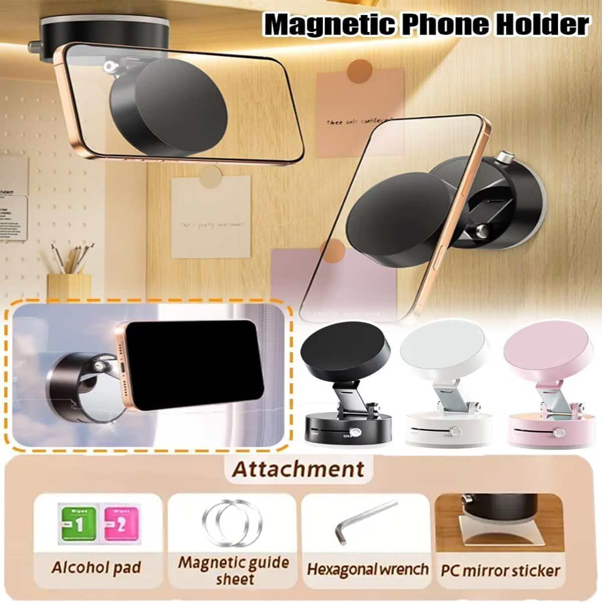 Vacuum Suction Magnetic Phone Holder – Foldable & Retractable Double-Sided Mount for All Phones (Black)