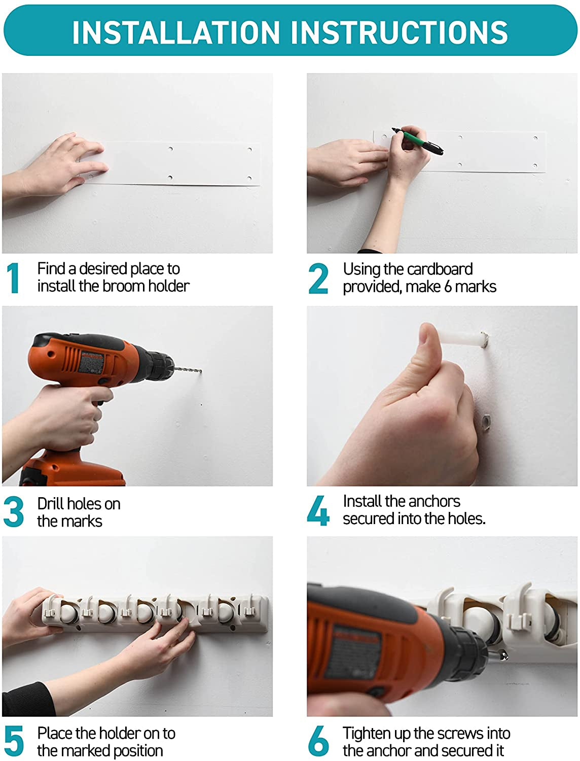 Mop and Broom Holder Wall Mount Garden Tool Storage Tool Rack Storage & Organization for the Home Plastic Hanger for Closet Garage Organizer (5-Position)