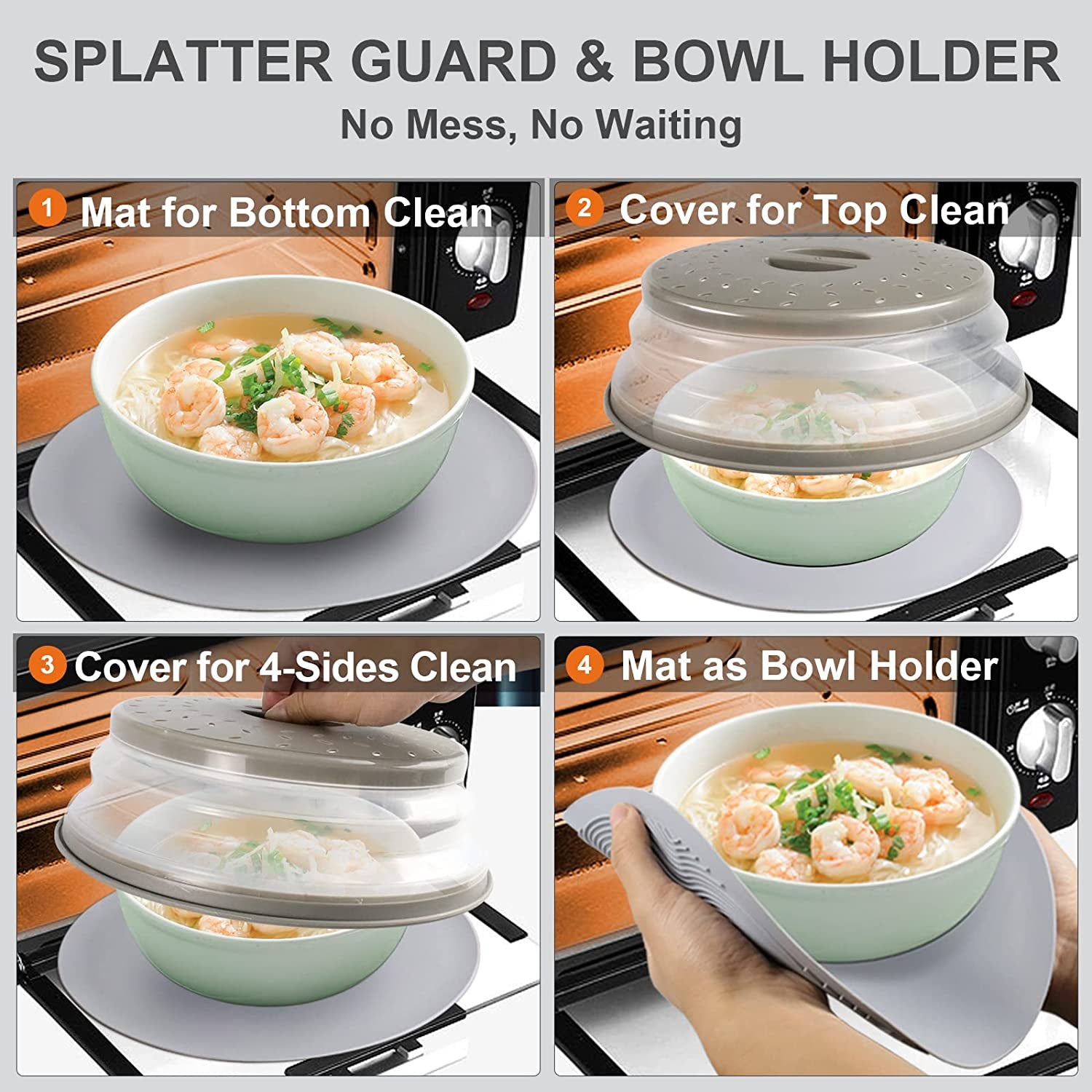 2 in 1, Microwave Place Mat & Food Cover- Mat as Bowl Holder, for Splatter Guard, Multi-Use: Silicone Trivet, Pot Holders, Drying, Baking, Utensils Rest for Kitchen Counter, Grey