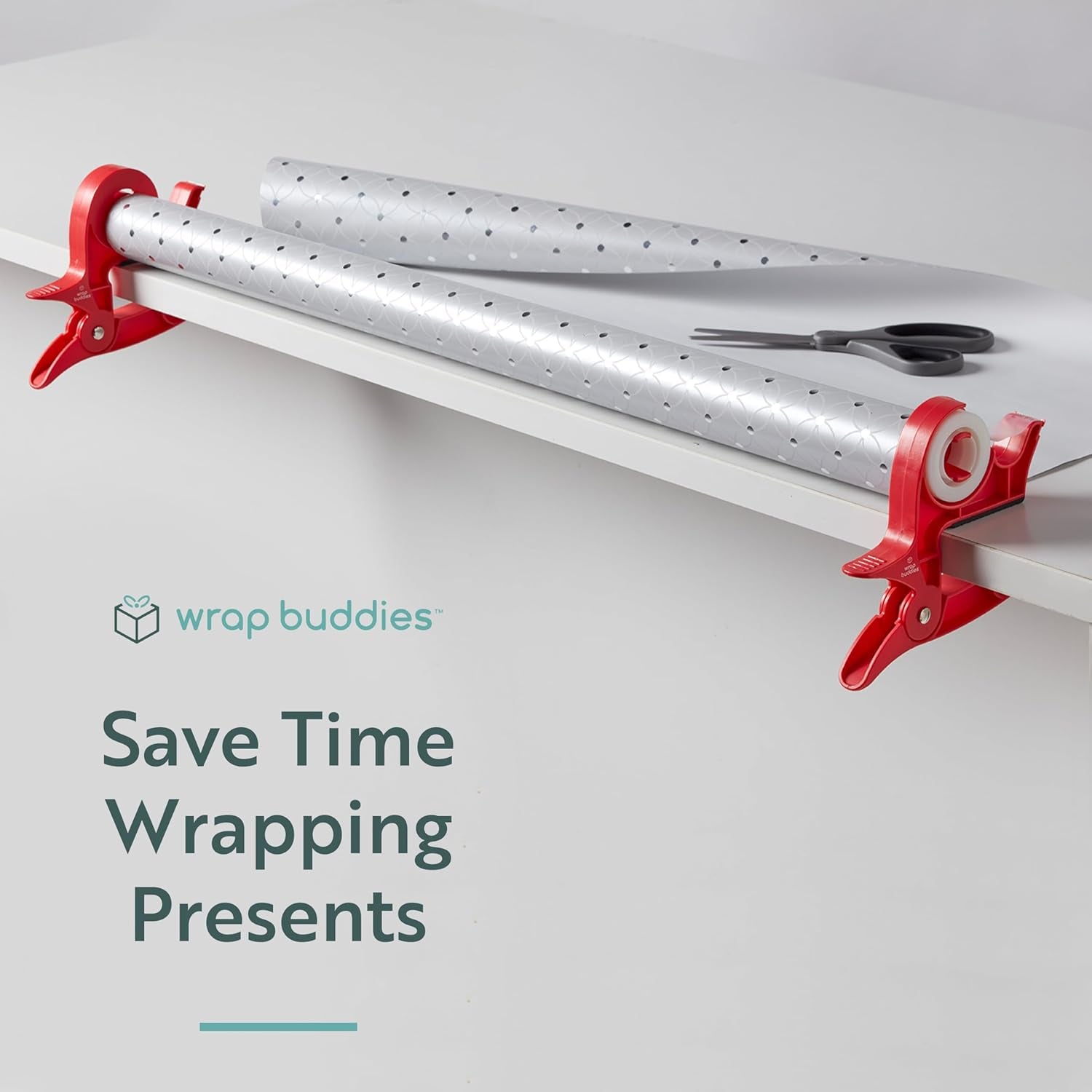 Wrapping Paper Clamps - 2 Gift Wrapping Paper Holder Clamps with Integrated Tape Dispensers, Simple Gift Wrap Table Clamps, Wrapping Paper Holder Clips and Tape Dispensers (Cherry Red)
