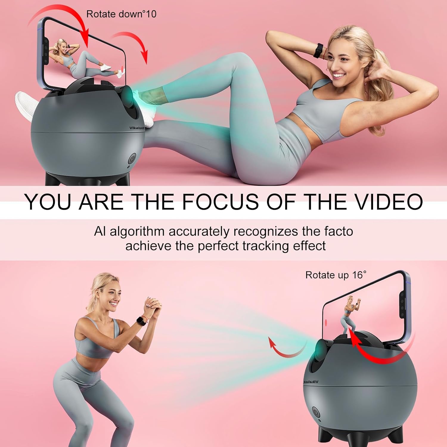 Glam Auto Tracking Phone Holder, Auto Face Tracking Tripod, 360° Rotation Face Body Phone Tracking Tripod, Ai-Powered Face Tracking,No APP Live Vlog Tiktok Video-Grey Compatible with Iphone 17 Pro Max