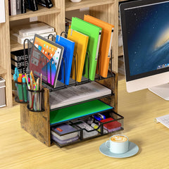 4-Tier Mesh Desk Organizer – Wooden Desktop File Holder with Vertical Slots & Drawer