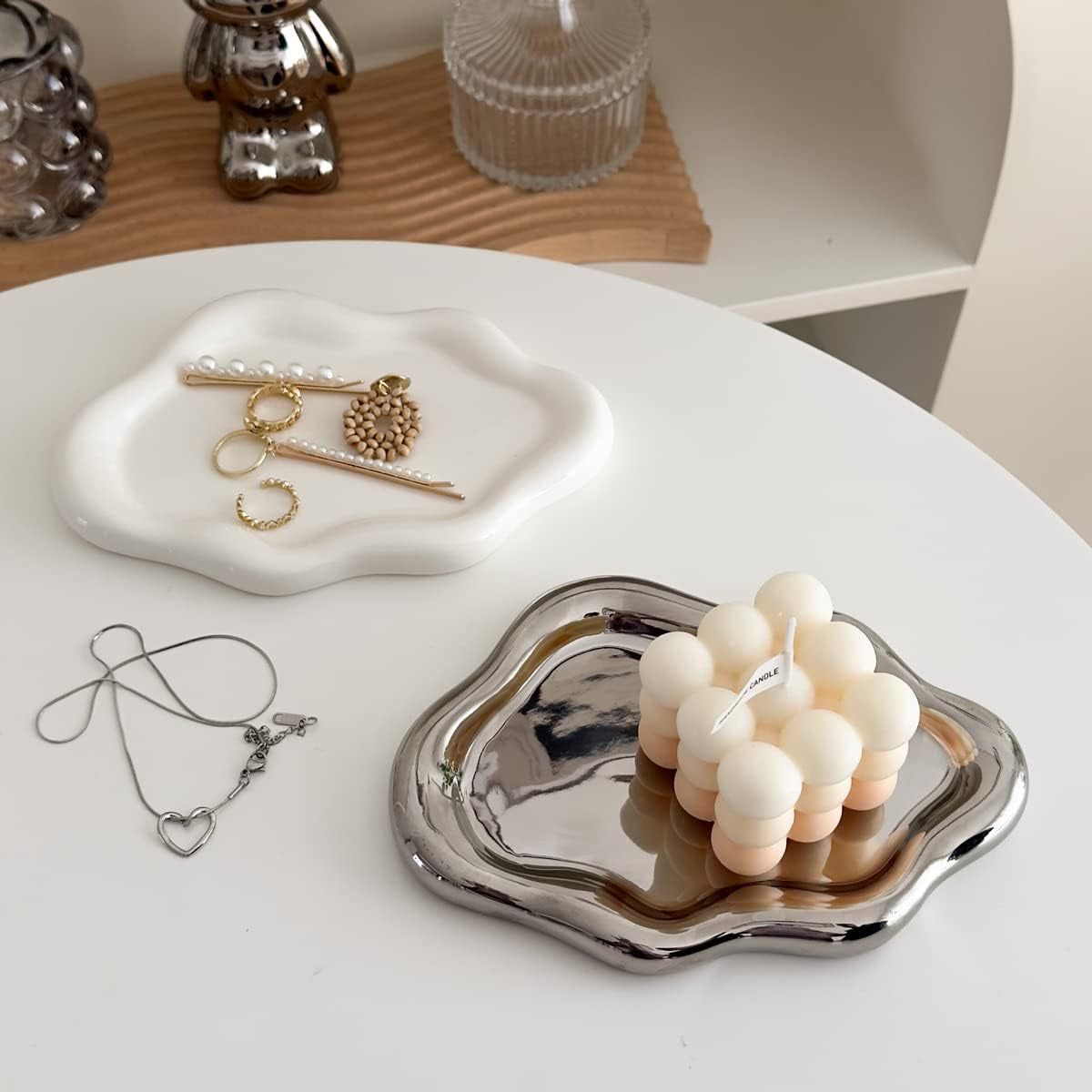 Jewelry Dish Trinket Tray for Women, Ring Dish Holder, Unique Cloud Shape Ceramic Plate Cute Things Vanity Aesthetic Room Decor Mother'S Day Birthday Christmas Warm House Gifts (White)