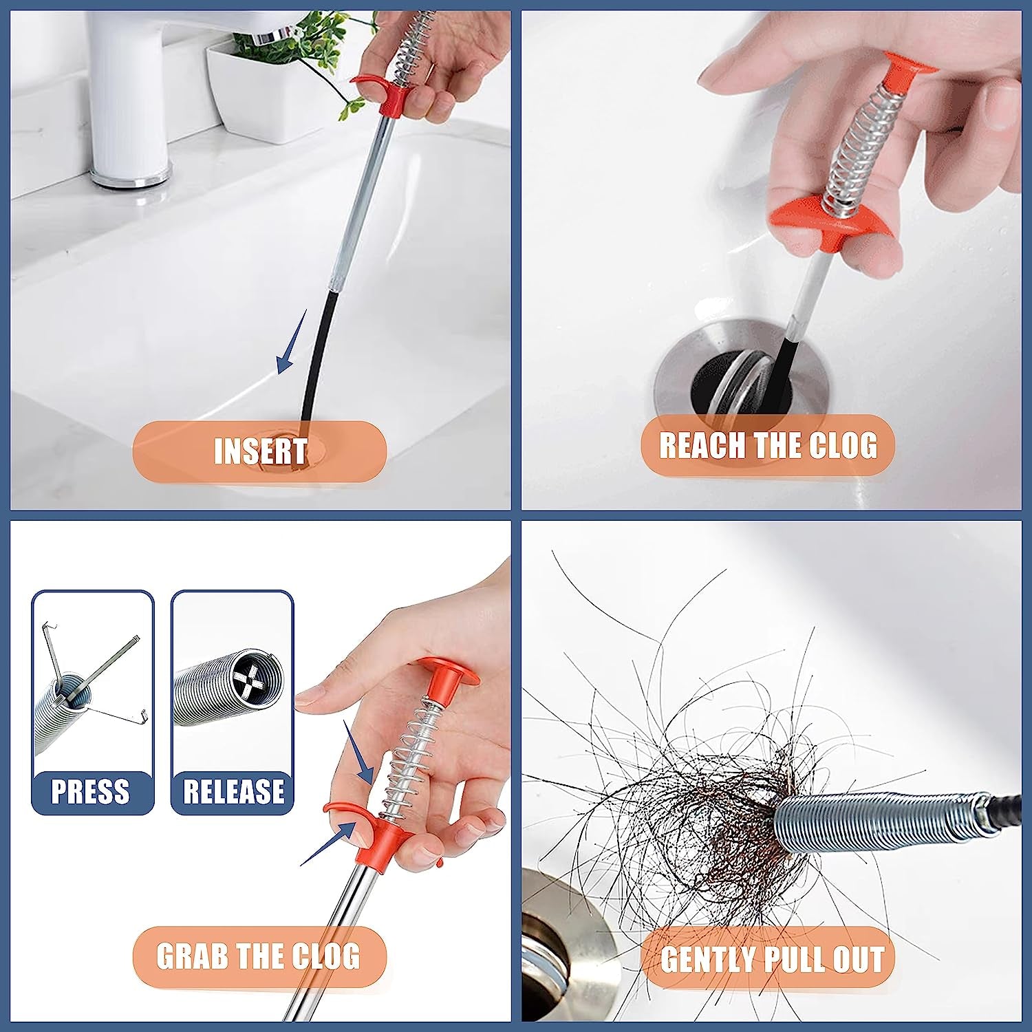 35.5Inch Drain Clog Remover(1Pcs), 25Inch Drain Snake Hair Remover(6Pcs) & Cleaning Brush(2Pcs), Hair Catcher Drain Auger Cleaner Tool Set for Toilet, Kitchen Sink, Bathroom Tub, Sewer, 9 Pack