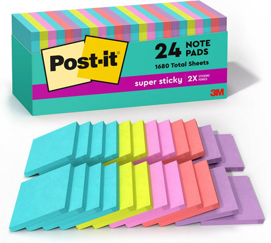 Super Sticky Notes, 24 Sticky Note Pads, 3 X 3 In., Ideal for Organization in Your Dorm, Home or Office, Supernova Neons Collection
