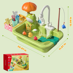 Play Sink with Running Water, Kitchen Sink Toys with Upgraded Electric Faucet, Play Kitchen Toy Accessories, Pool Floating Fishing Toys for Water Play, Kids Role Play Dishwasher Toy