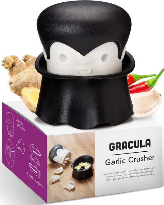 Glam Gracula Garlic Crusher, Garlic Peeler, Also for Ginger, Nuts, Chili, Herbs - Twist Top Mincer & Easy Squeeze Manual Press Peeler, Goth Gifts