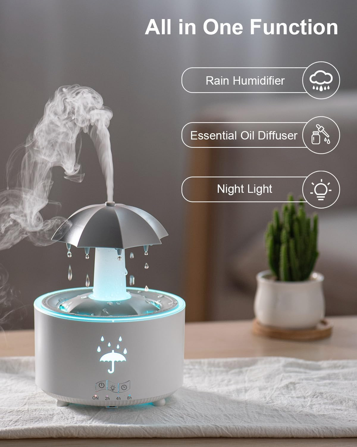Rain Umbrella Humidifier & Aroma Diffuser with Soothing Rain Sounds, Water Drip Effect, 7 Colors Mood Light, Timer and Auto-Off, Ideal for Relaxation, Sleep, Home, Bedroom, Desk(White)