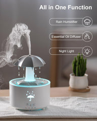 Rain Umbrella Humidifier & Aroma Diffuser with Soothing Rain Sounds, Water Drip Effect, 7 Colors Mood Light, Timer and Auto-Off, Ideal for Relaxation, Sleep, Home, Bedroom, Desk(White)