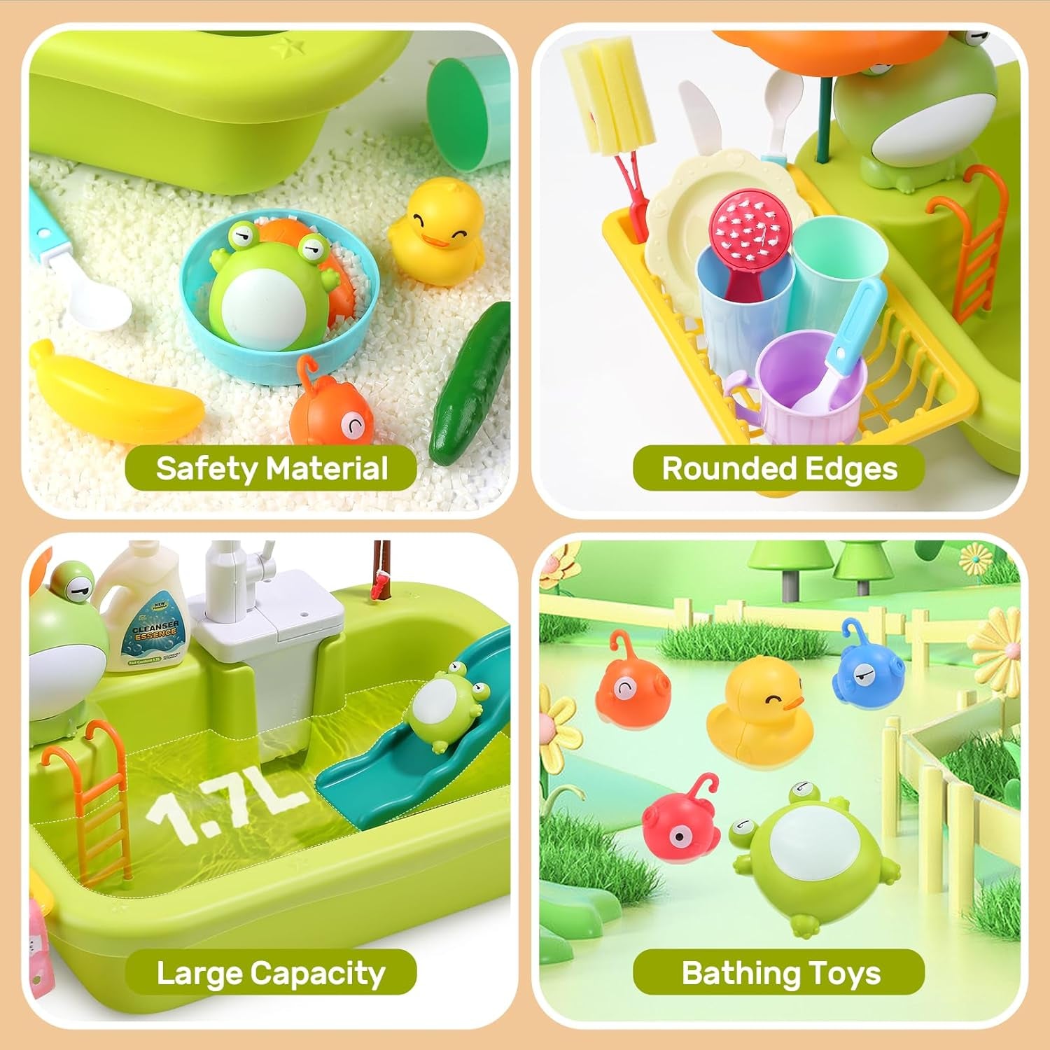 Play Sink with Running Water, Kitchen Sink Toys with Upgraded Electric Faucet, Play Kitchen Toy Accessories, Pool Floating Fishing Toys for Water Play, Kids Role Play Dishwasher Toy