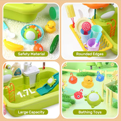 Play Sink with Running Water, Kitchen Sink Toys with Upgraded Electric Faucet, Play Kitchen Toy Accessories, Pool Floating Fishing Toys for Water Play, Kids Role Play Dishwasher Toy