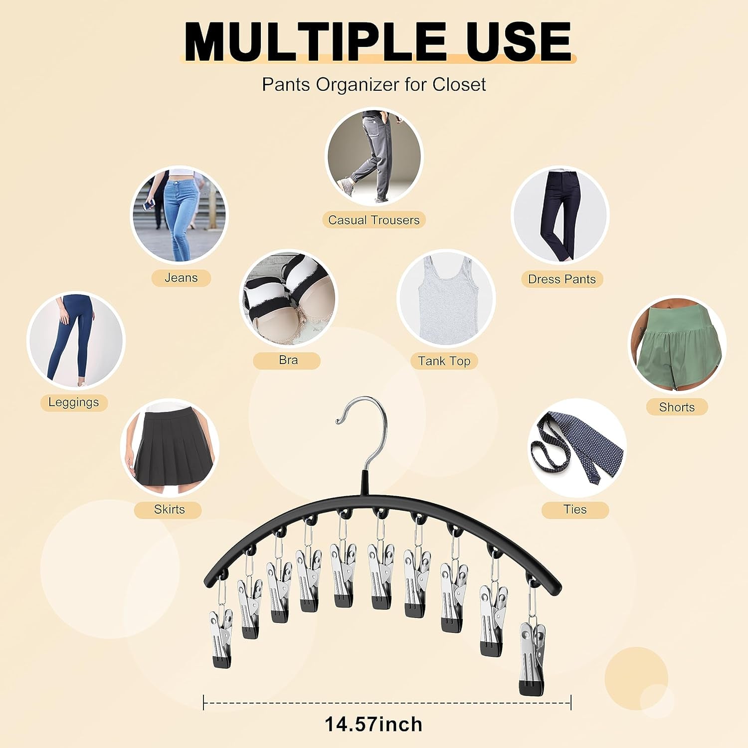 Legging Organizer for Closet, Metal Yoga Pants Hangers 2 Pack W/10 Clips Holds 20 Leggings, Space Saving Hanging Closet Organizer W/Rubber Coated Closet Organizers and Storage, Black