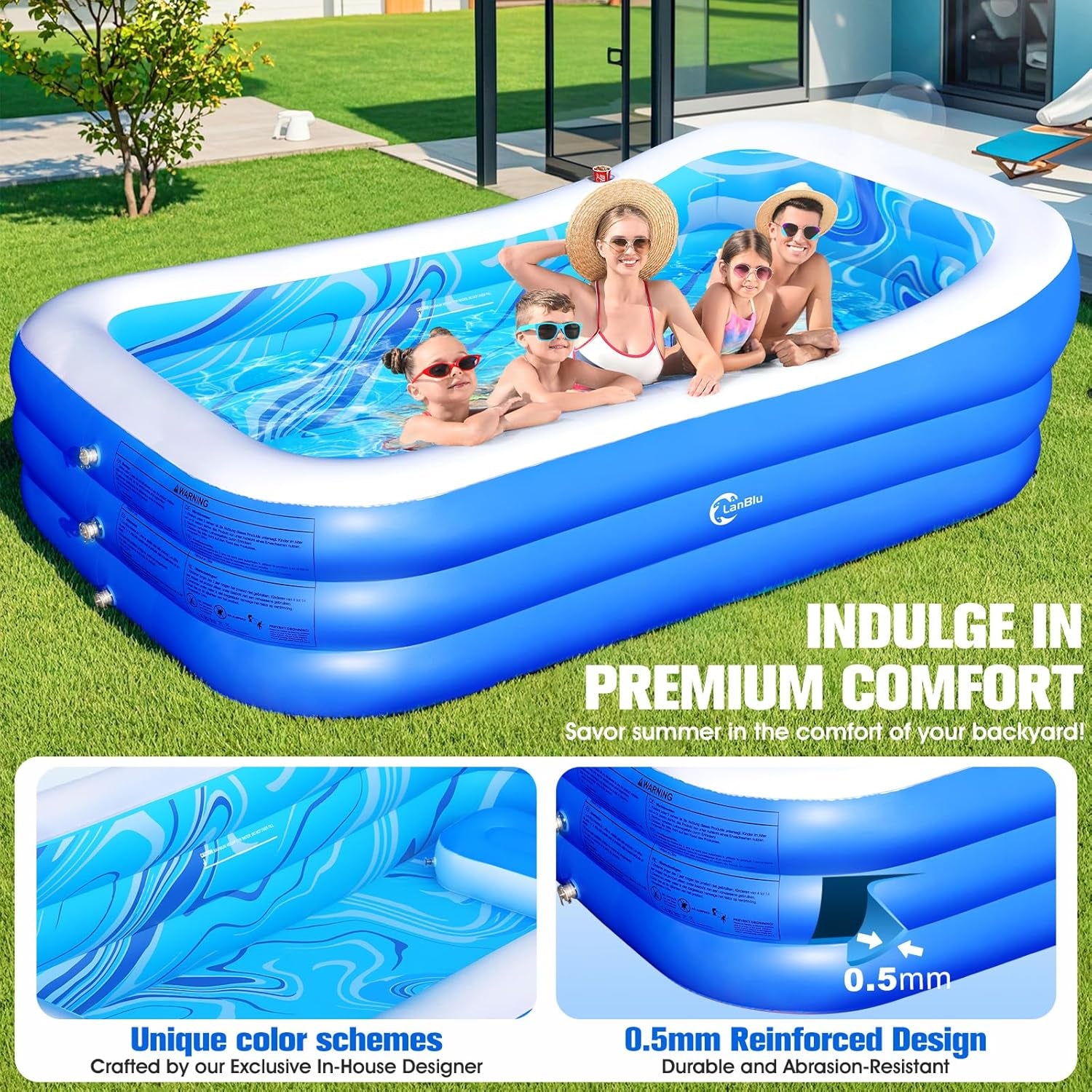Inflatable Pool with Big Backrest and Seat,Oversized Thickened Large Blow up Pool for Adults,Inflatable Backyard Pools for Kid and Adult,105"X65"X25"Durable Swimming Pools (Blue)
