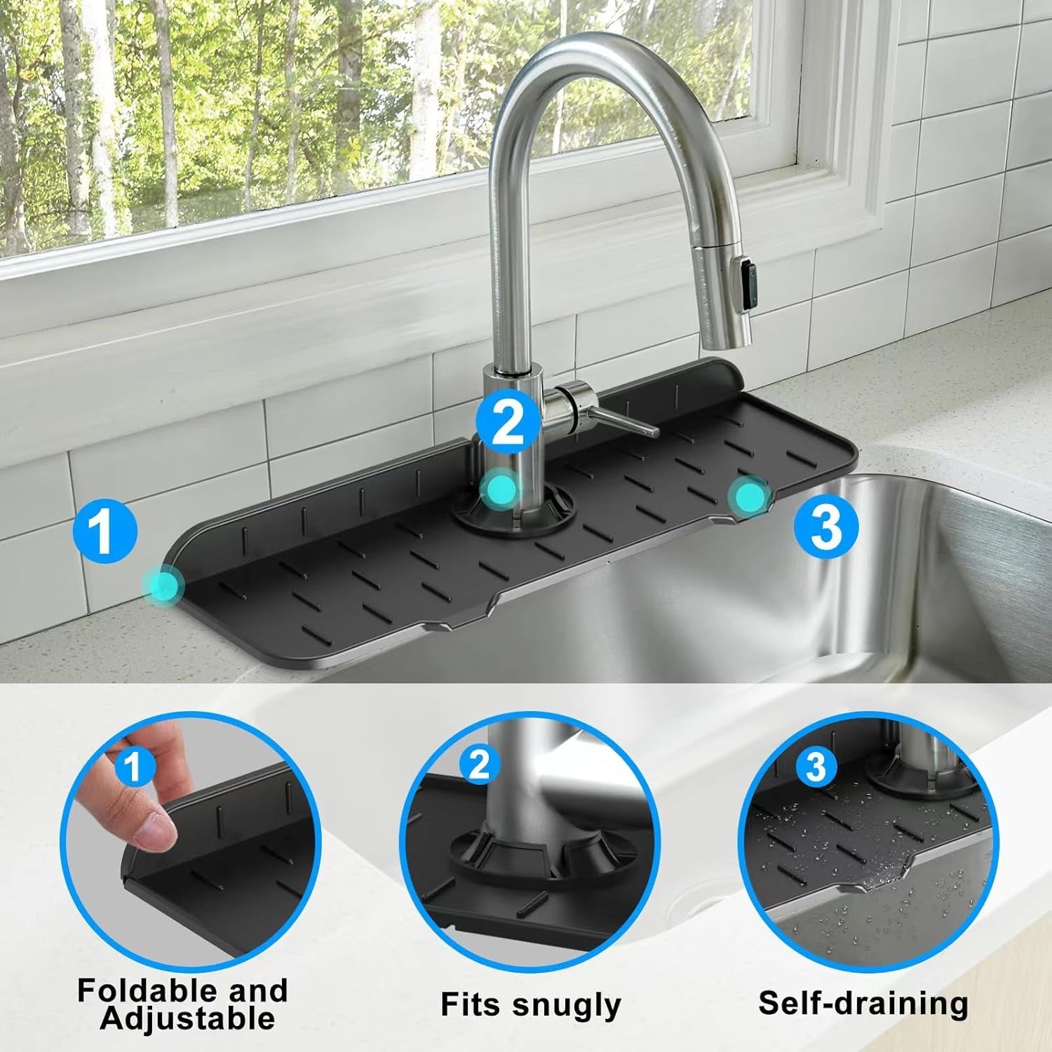 Kitchen Faucet Sink Splash Guard, Silicone Faucet Water Catcher Mat Sink Draining Pad behind Faucet, Rubber Drying Mat for Kitchen & Bathroom Countertop Protect (Black)