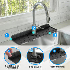 Kitchen Faucet Sink Splash Guard, Silicone Faucet Water Catcher Mat Sink Draining Pad behind Faucet, Rubber Drying Mat for Kitchen & Bathroom Countertop Protect (Black)
