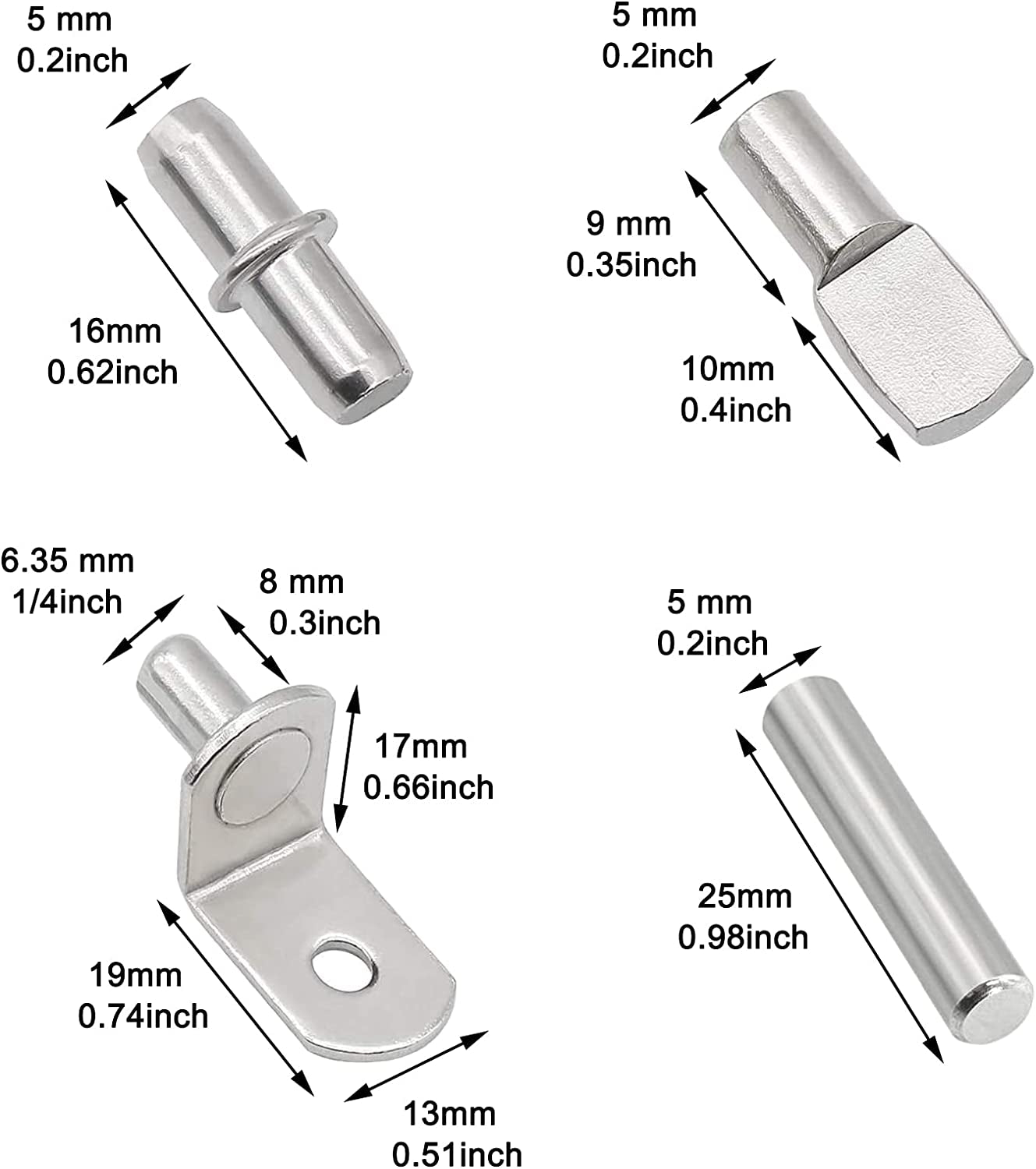 104Pcs Shelf Pins Kit,4 Styles Nickel Plated Shelf Support Pegs,Bookshelf Pegs for Shelves,Cabinet Shelf Bracket Pegs Shelf Pins Holders for Kitchen Furniture & Closet ( 5Mm & 1/4Inch )