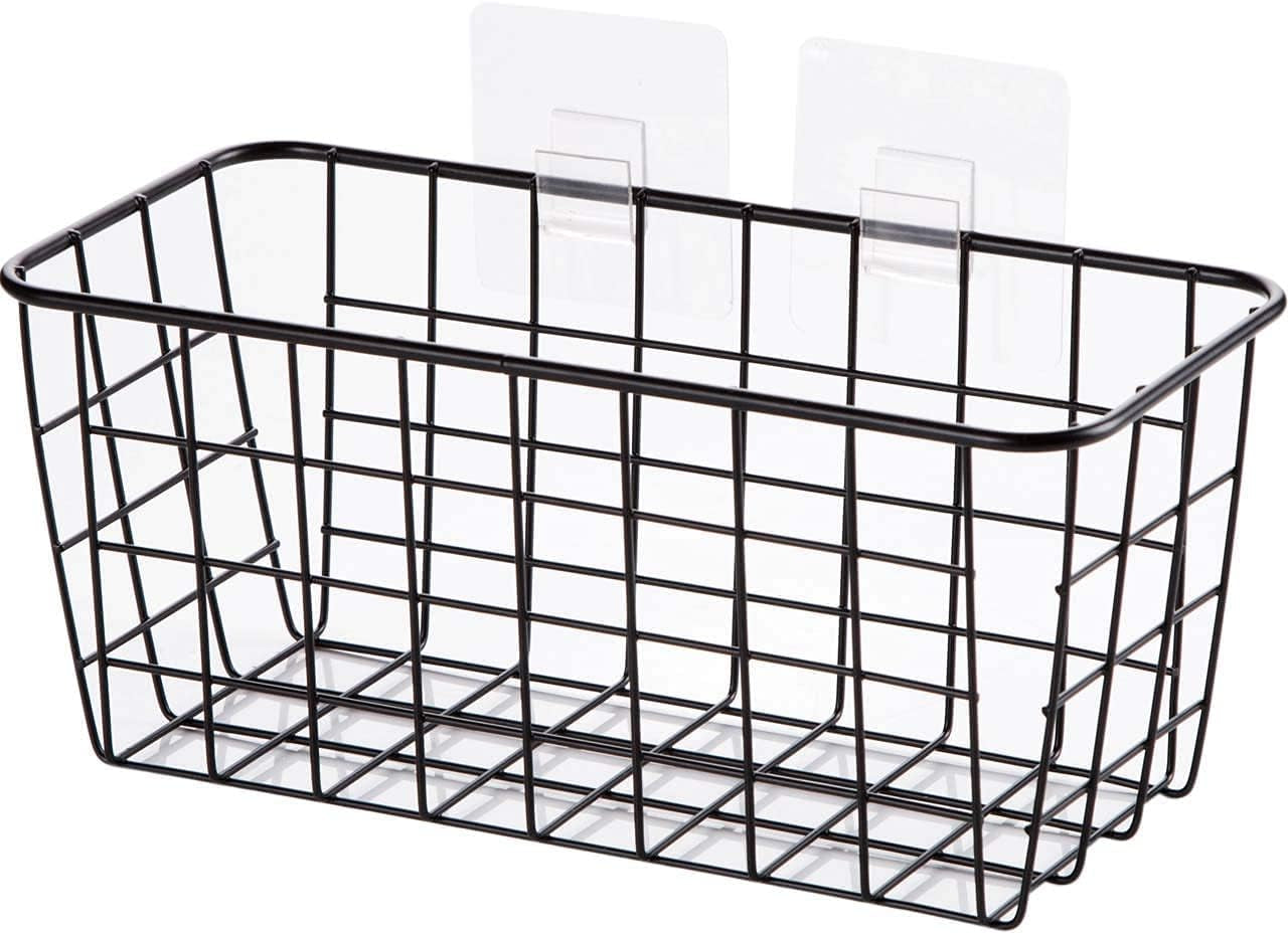 Hanging Kitchen Baskets for Storage Adhesive Sturdy Small Wire Storage Baskets with Kitchen Food Pantry Bathroom Shelf Storage No Drilling Wall Mounted,2 Pack,Black